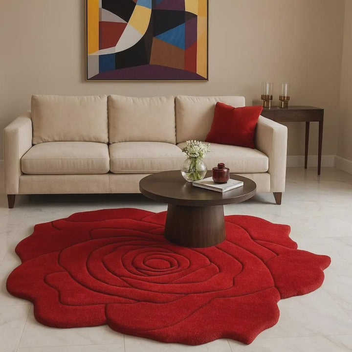 Red Rose Irregular Shape Woolen Carpet