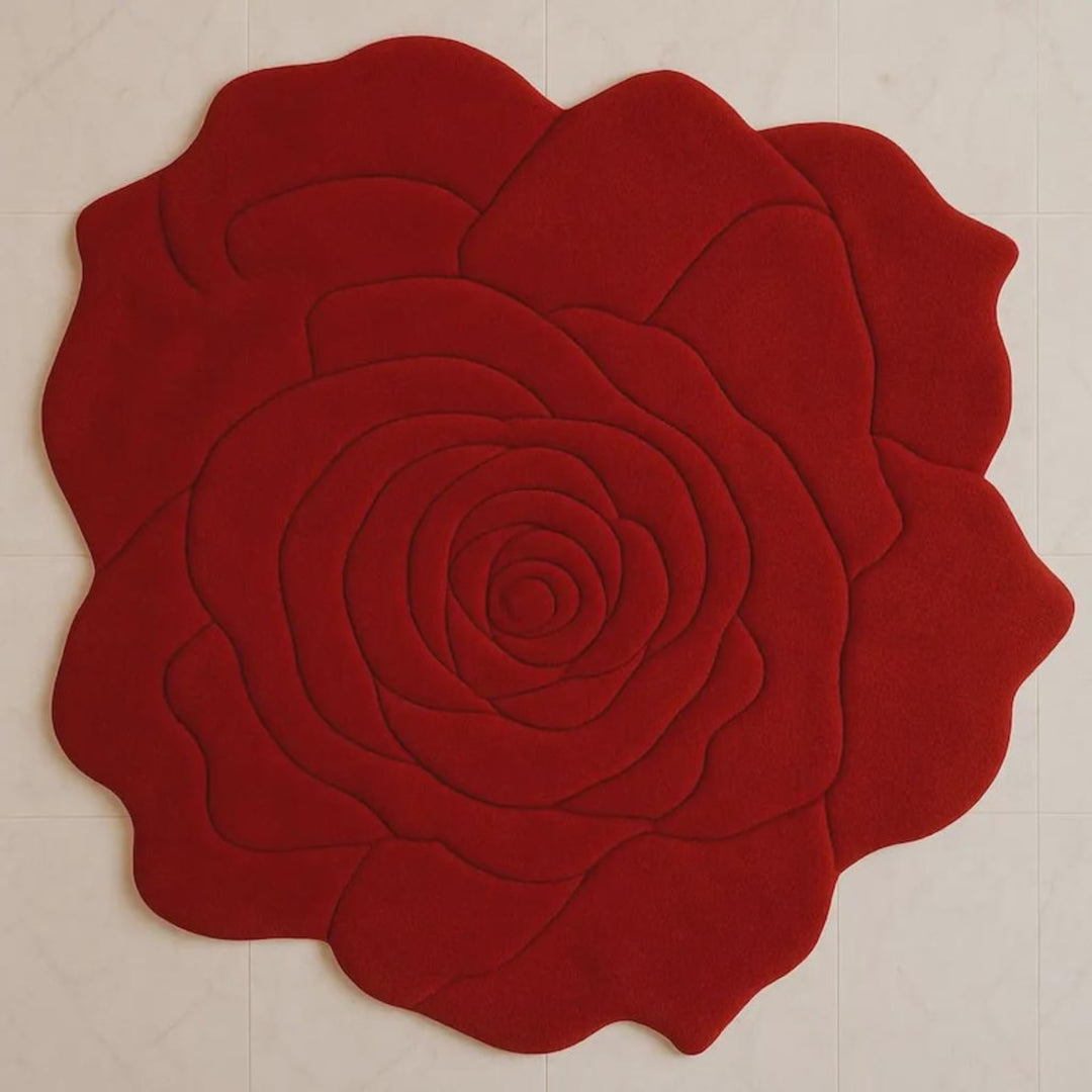 Red Rose Irregular Shape Woolen Carpet