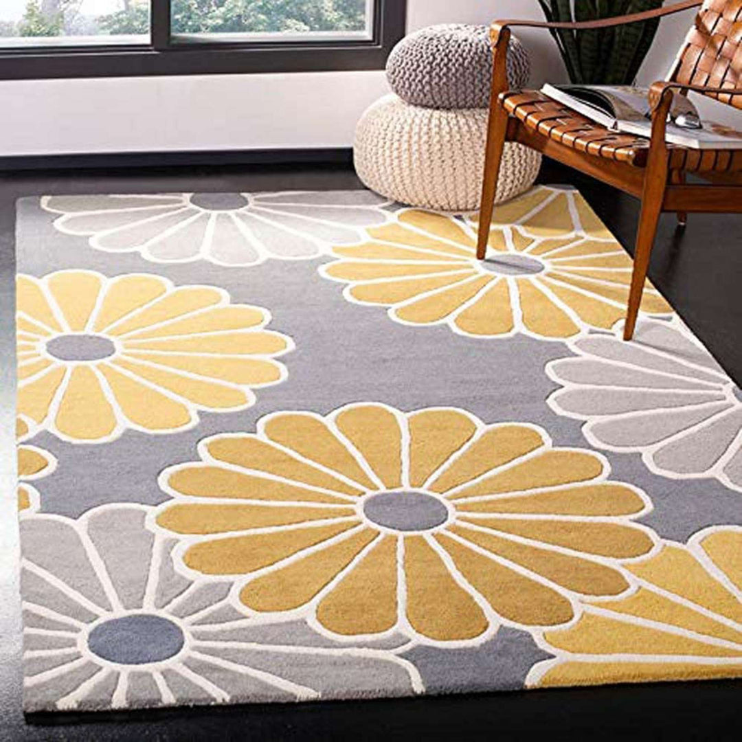 Handmade Floral Yellow & Grey Carpet