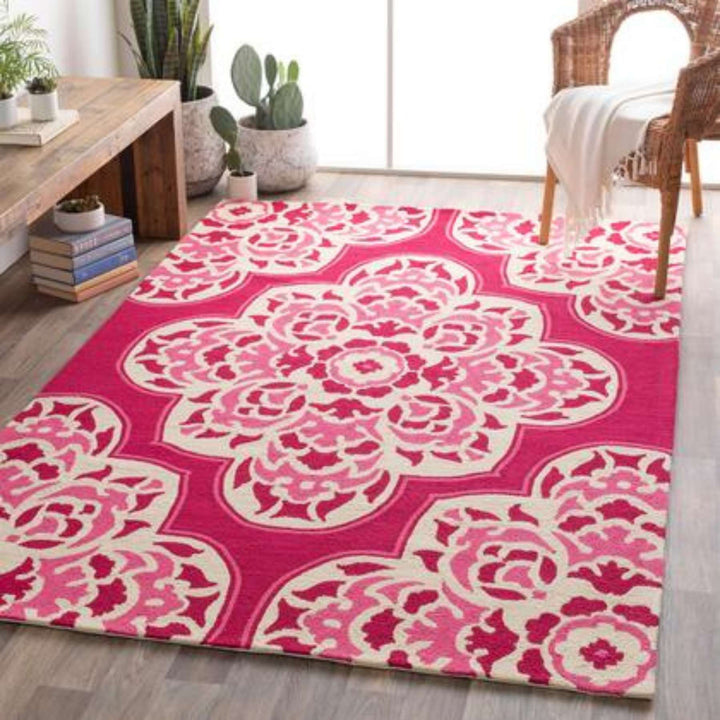 Hand Tufted Floral Pink Woolen Carpet